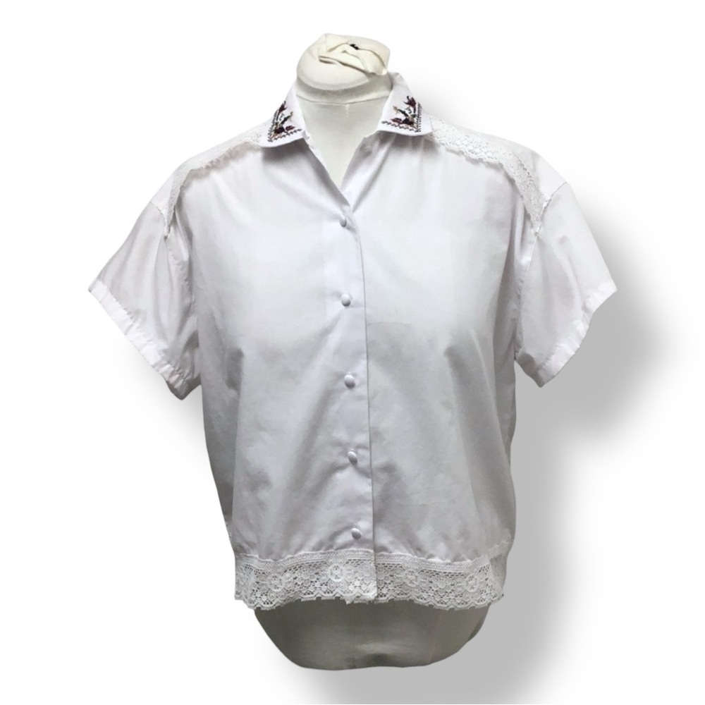 Separate Issue Women’s Short Sleeve Collar Button Front Blouse Lace VTG White L